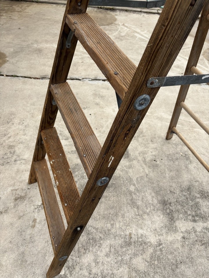Vintage 8 Ft Wooden Step Wood Folding Ladder Great for Decor | eBay