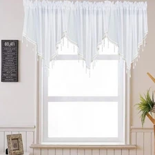Sheer Voile Ascot Curtain Valance 3 Panels with Beaded Tassel Rod Pocket Drap...