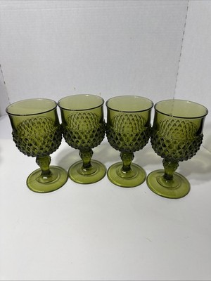 Indiana Glass Diamond Point Avocado Green Goblets Set of 4 Vintage Wine Glasses