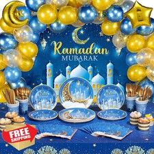 Redbaker 167 Pcs Eid Mubarak Party Set Blue Balloons Banner Tableware