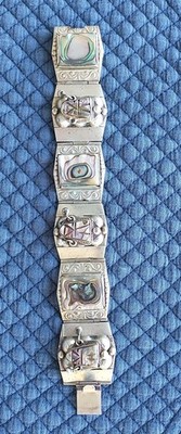 Taco Sterling Silver and Abalone Panel Bracelet  Mexico 925 Vintage 7.5'' Read G9