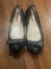 PRADA Black Patent Leather Flats with Bows on Front, Size 38