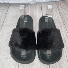 Women  s slip on comfort slides w/faux fur top black sz 8