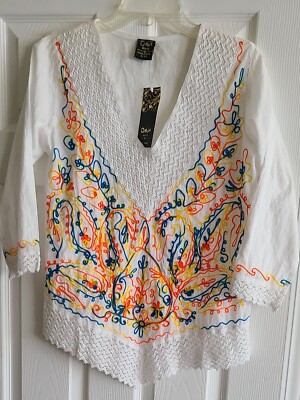 OMJA World Cotton Embroidered Bell 3/4 Sleeve Blouse NWT Size S