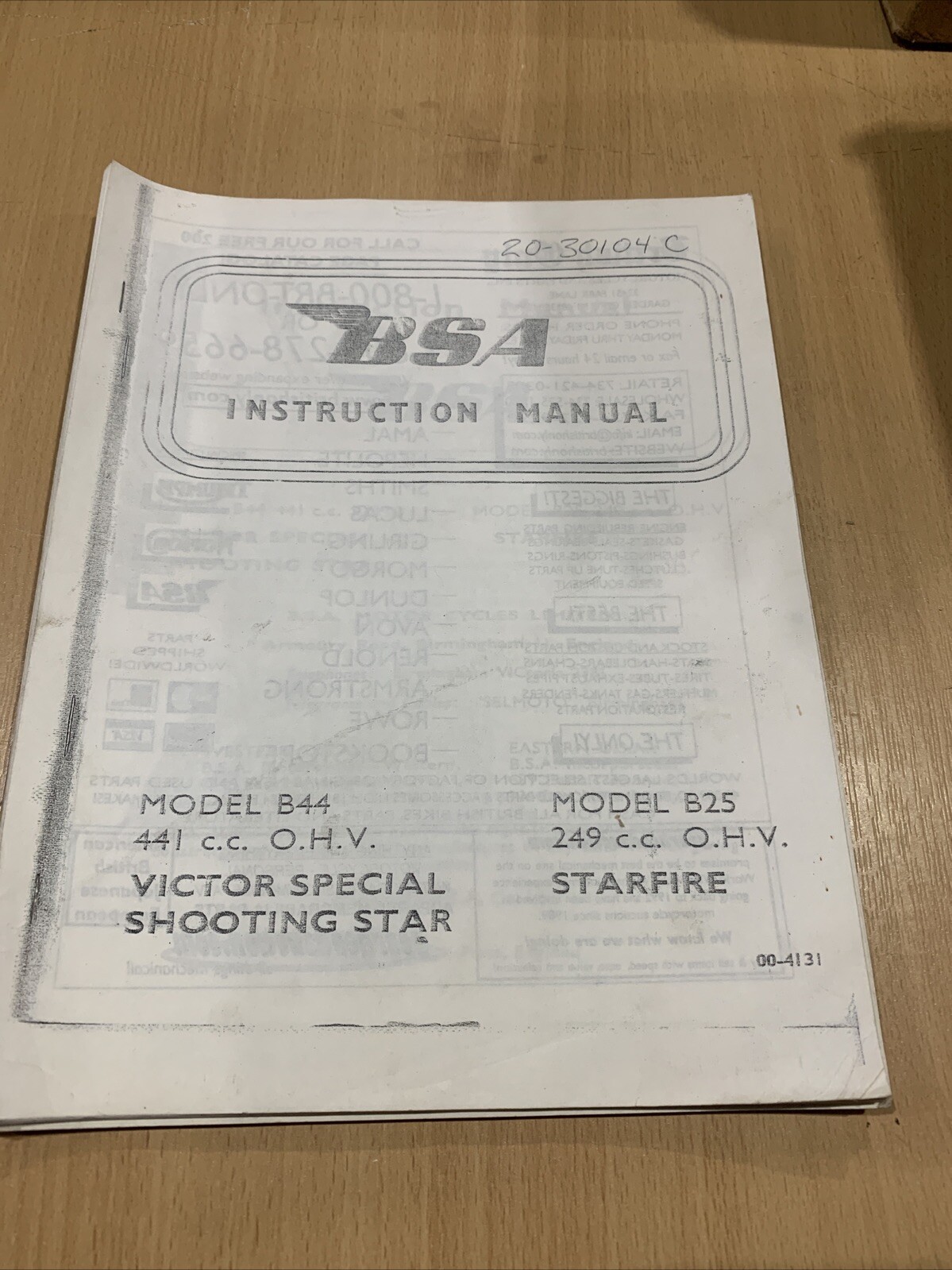 Bsa B44 B25 Instruction Manual 441 Vs 20-30104