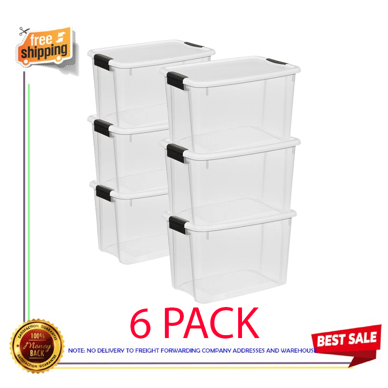 Sterilite 30 Qt Clear Stackable Storage Bin with White Latch Lid 6 Pack