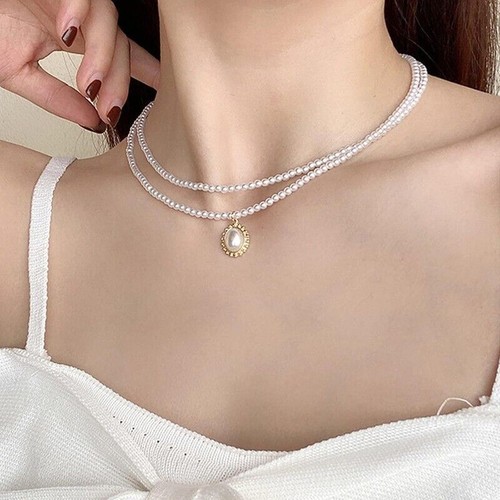 Retro Double Layer Women Necklace Pendant Necklace Clavicle Chain Pearl Choker - Picture 2 of 19