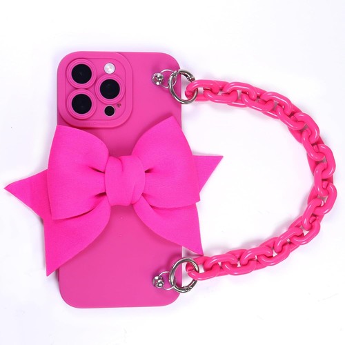3D Bow Case für iPhone 16 Pro Max mit Handschlaufe & Lanyard, Silikon, Hot Pink - Bild 2 von 9