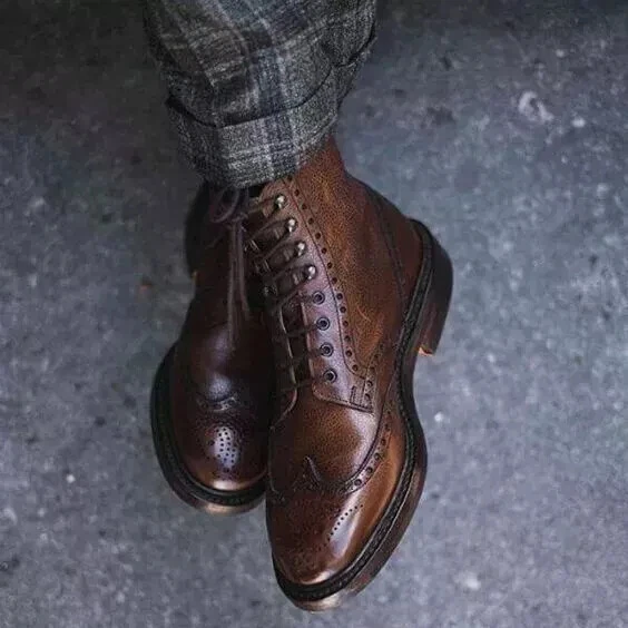 Handmade Ankle Boots Mens Leather Brown Shoes, Brogue Formal Ankle Boots For Men