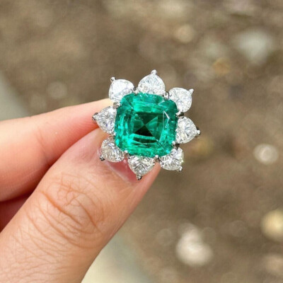 4Ct Cushion simulated Green Emerald Halo Engagement Ring 14K White Gold Finish