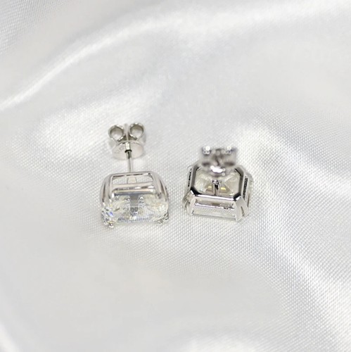 4ct D VVS1 Emerald Cut Moissanite Women's Stud Earrings 18K White Gold Plated - Picture 9 of 12