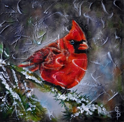 Red Cardinal Painting Bird Winter Oil Original textured Art Signed Collectible
