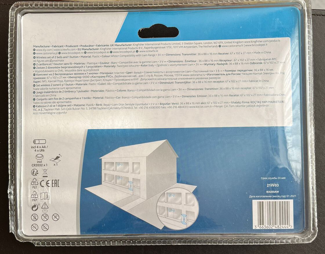 Blyss Liam Wireless Battery Powered Door Chime Kit With 2 Bell Box 100m