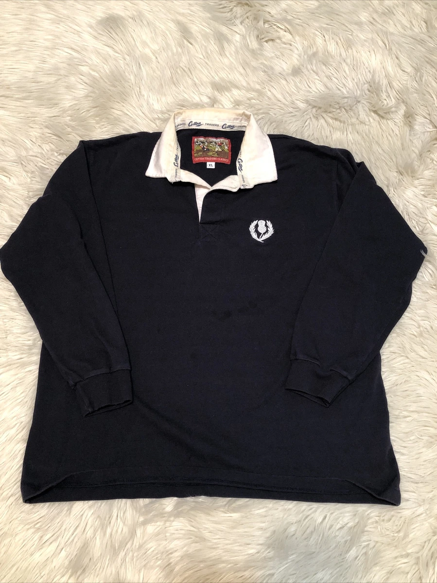 Cotton Traders Classic Rugby Thick Polo Long Sleeve Shirt Blue Men XL