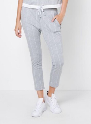 Adidas Womens Cigarette Pants Gray/White Pinstripe Drawstring Joggers 