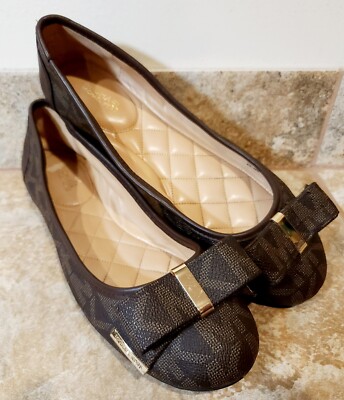 Michael Kors Classic Brown Bow MK Canvas Leather Ballet Flats