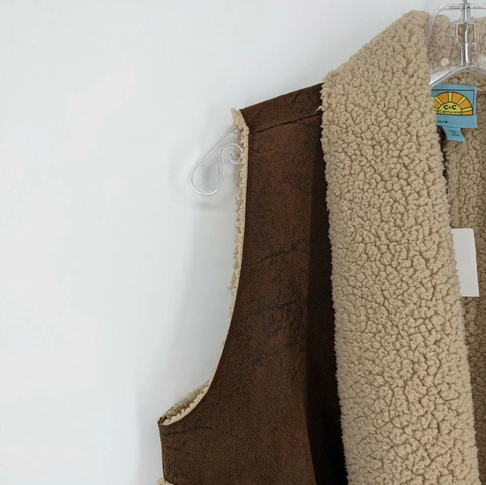 C&C California Faux Suede Sherpa Vest Small Coffee Brown Tan Boho Open Front New - Image 4 of 4