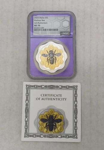 2024 MALTA 5 EURO RUTHENIUM GILDED SILVER COIN MALTESE BEE NGC MS 70