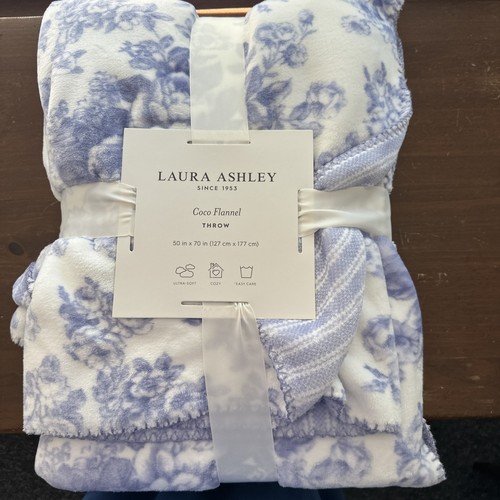 Laura Ashley Purple Floral Toile Plum Reversible Coco Flannel Throw Blanket NEW - Picture 2 of 2