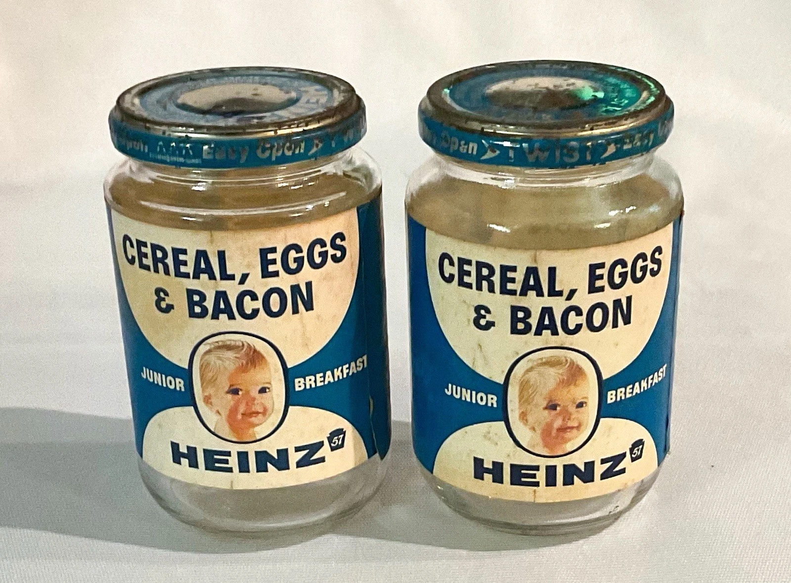 2 Vtg Heinz 57 Cereal Eggs Bacon Glass Paper Label Baby Food Jar & Lid Junior Sz