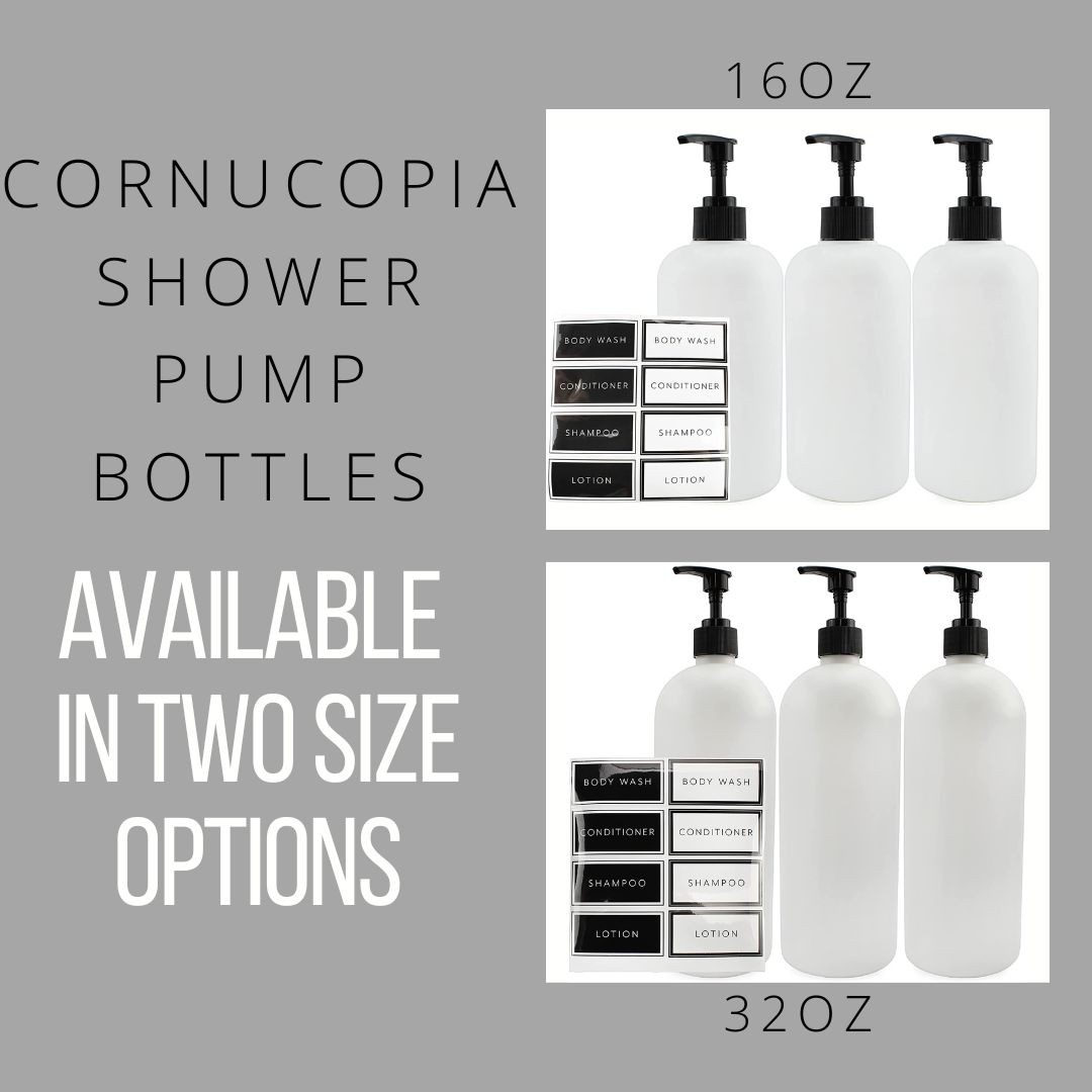 White Plastic Shower Pump Bottles Set of 3; 16oz for Shampoo, Body Wash, etc