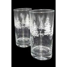VTG Winter Trees Deer Glasses (2) Winter Holiday Libbey Tumblers Tom Collins NEW