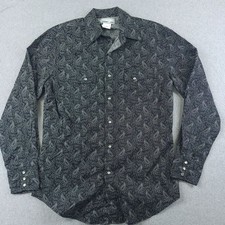 Wrangler Wrancher Western Shirt Mens Medium Black Paisley Slim Pearl Snap