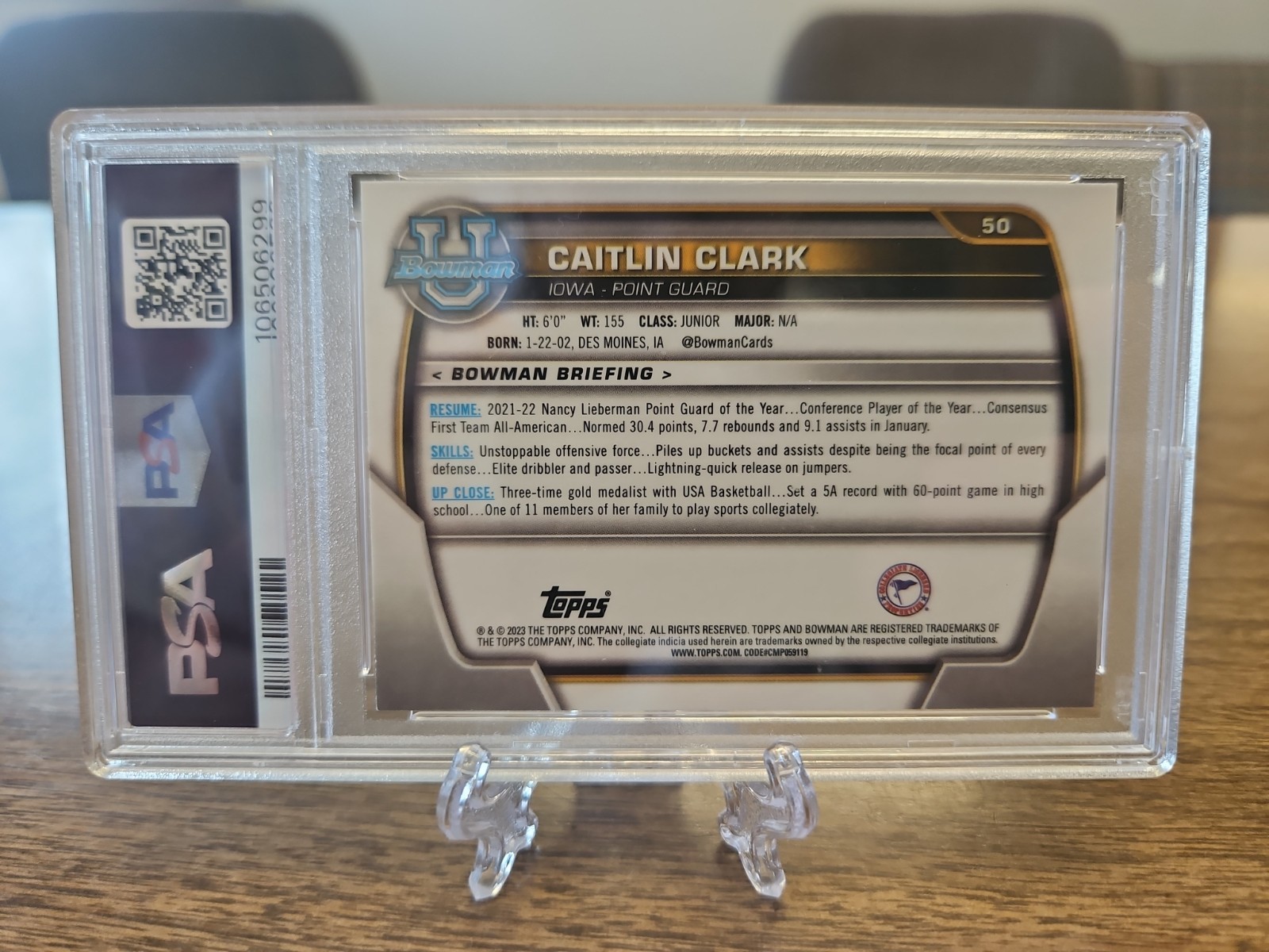 2022-23 Bowman U Chrome Caitlin Clark 1st PSA 9 #50 view 2