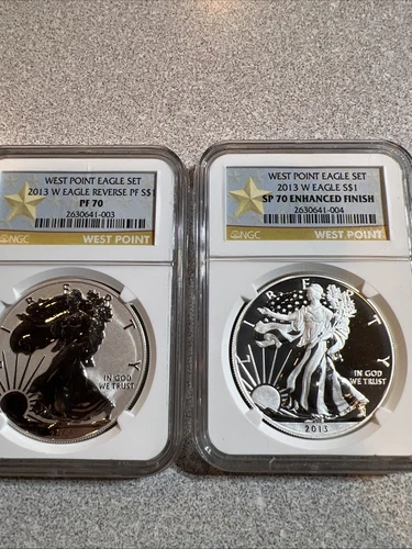 2013 W REVERSE PROOF SILVER EAGLE NGC PF70 & ENHANCED SP70 2 COIN WEST POINT SET