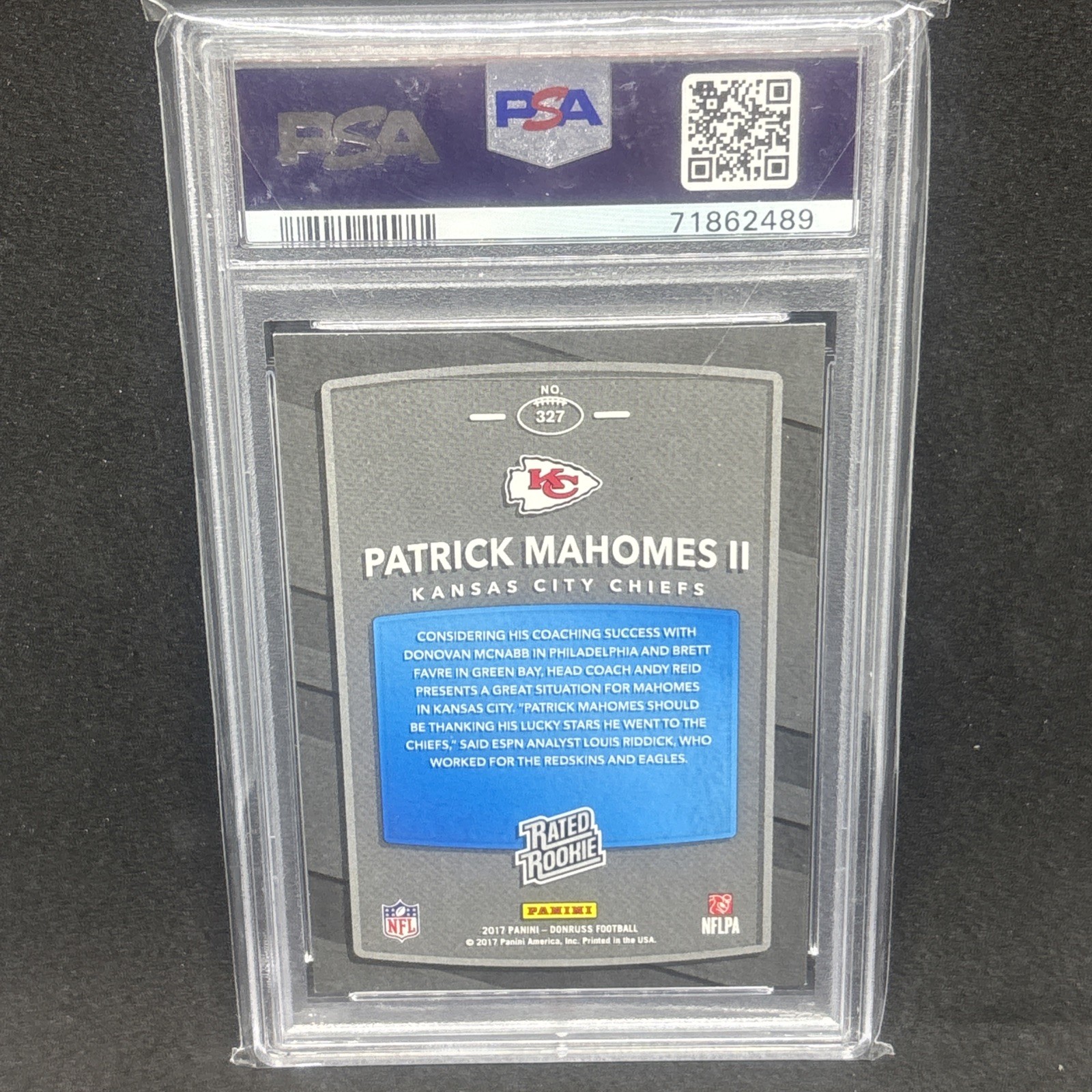 2017 Panini Donruss Rated Rookie Patrick Mahomes II #327 PSA 8 KC Chiefs (RC) view 2