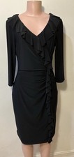 CHAPS Blue Label Black Knit Dress Bodycon Ruffled Front M EUC