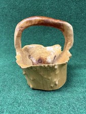 Hand Carved Burl Wood Basket With Integrated Handle 10.5 h X 7.5 w