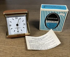 Vintage Westlox Travel Alarm Clock in Hard Tan Case Tested & Works New Open Box