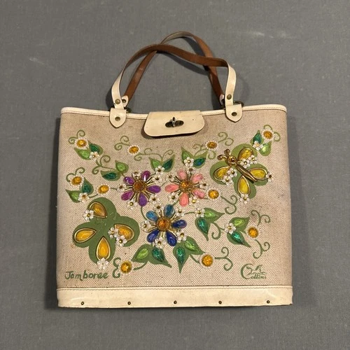 Vintage Enid Collins “Jamboree” Jeweled Canvas Bucket Purse – Signed, 1970s