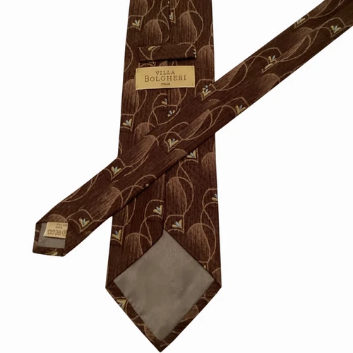 VILLA BOLGHERI Men's 100% Silk Necktie ITALY Designer FLORAL Geometric Brown EUC image 3