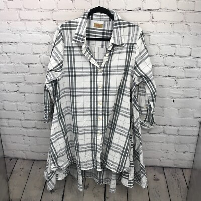 Tulip Brand Top Womens Small White Plaid Tunic Button Up Long Sleeve Casual