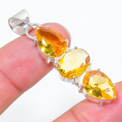 Yellow Citrine Gemstone Handmade 925 Sterling Silver Jewelry Pendant Size 2''