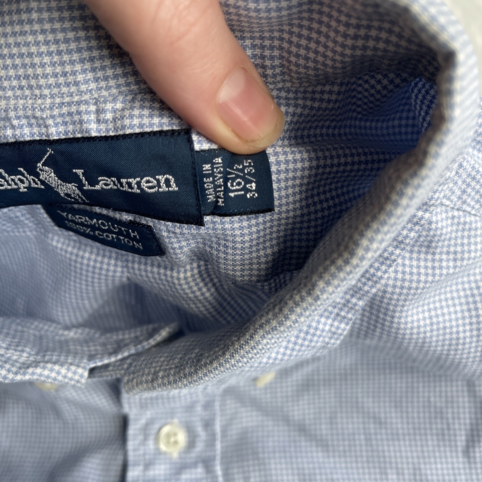 Ralph Lauren Yarmouth Shirt Mens 16.5 Light Blue Houndstooth Business