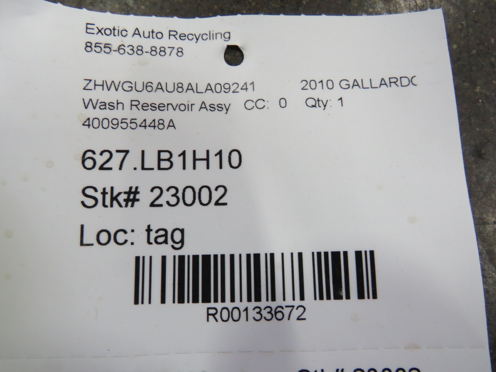 Lamborghini Gallardo, LP550, 560, Wash Reservoir, Used, P/N 400955448A
