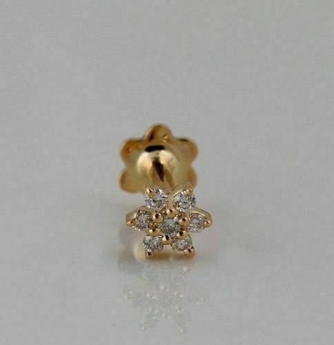 14k Gold Over Diamonds Flower Nose Lip Labret Piercing Pin Ring Screw Stud - Picture 1 of 6