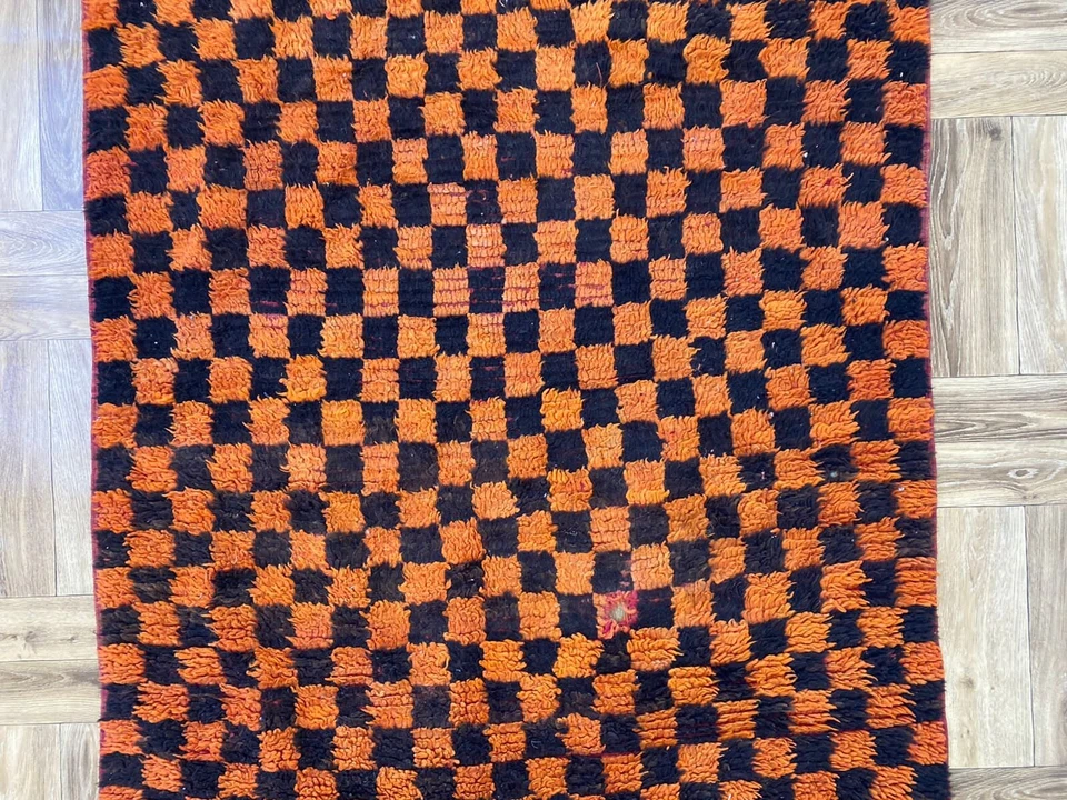 Handmade Checked Runner Rug,Solid Carpet,Living Room Rug,Berber Check Area,3x7ft - Image 3 of 4