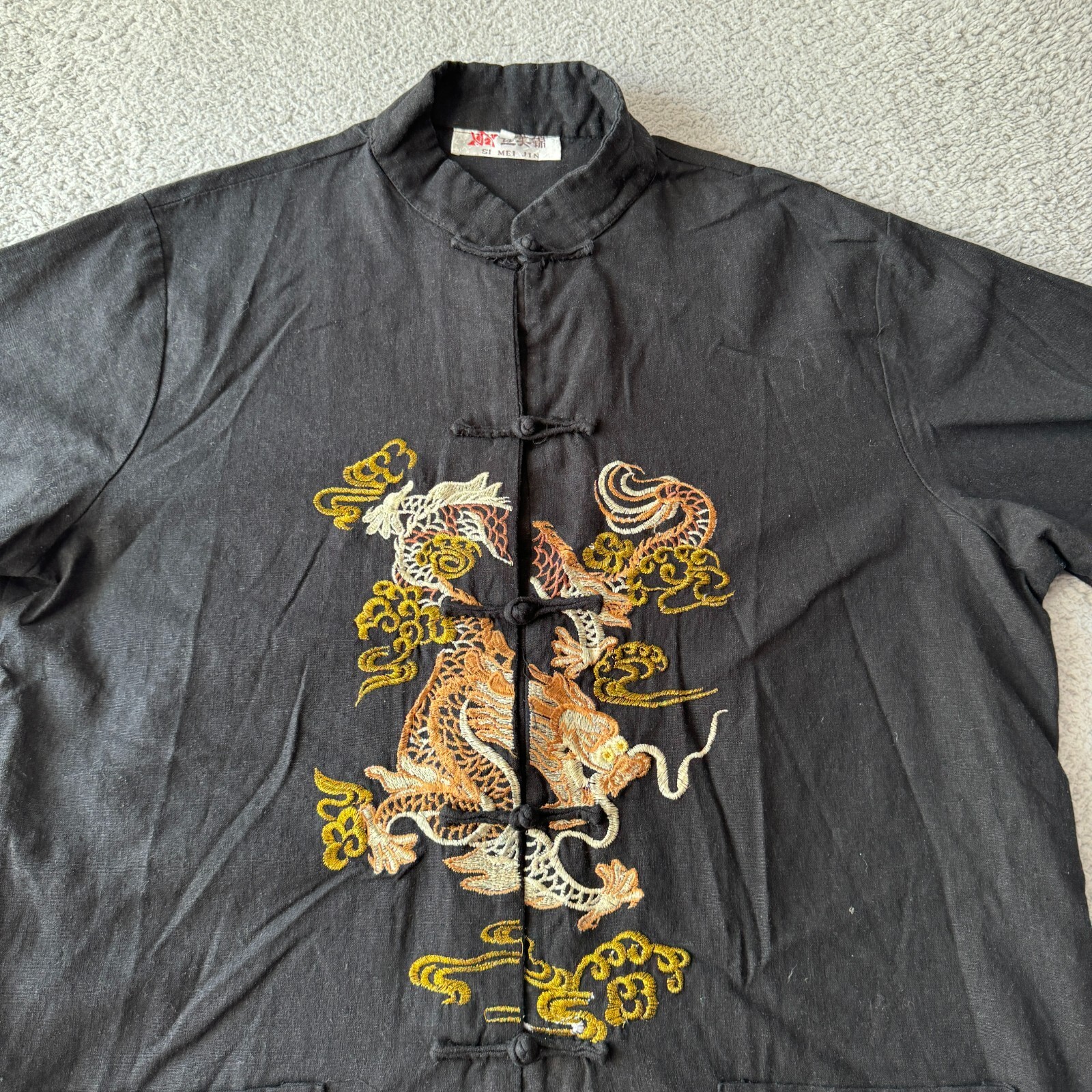 Si Mei Jin Mens 3XL Black Dragon Linen Chinese Collar Formal Traditional Jacket