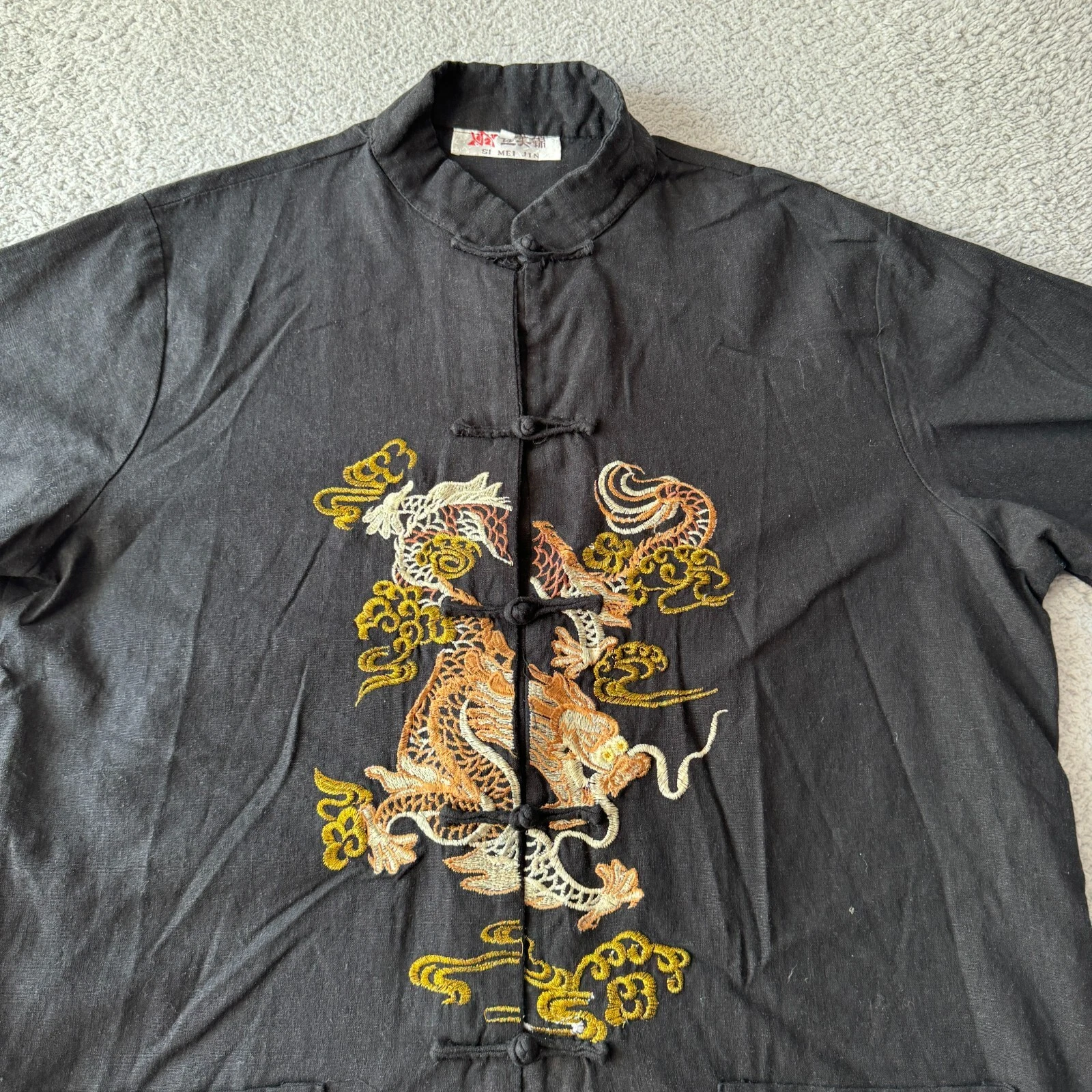 Si Mei Jin Jacket Mens 3XL Black Chinese Collar Dragon Linen Formal Tradition