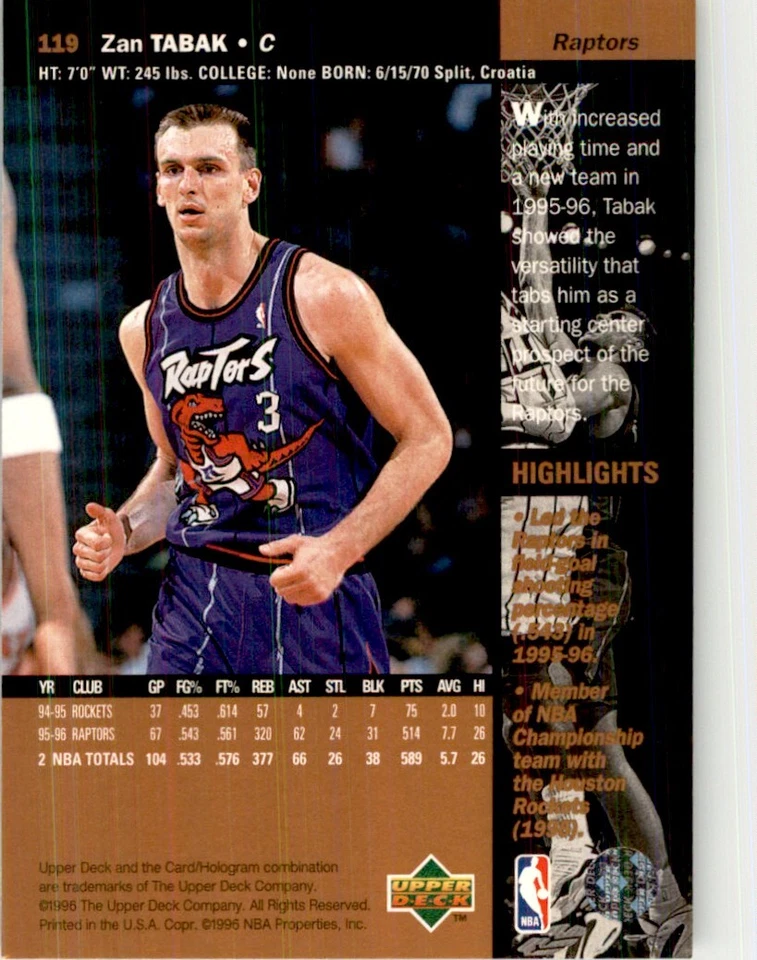 1996-97 Upper Deck Zan Tabak Basketball Cards #119 - Image 2 of 2