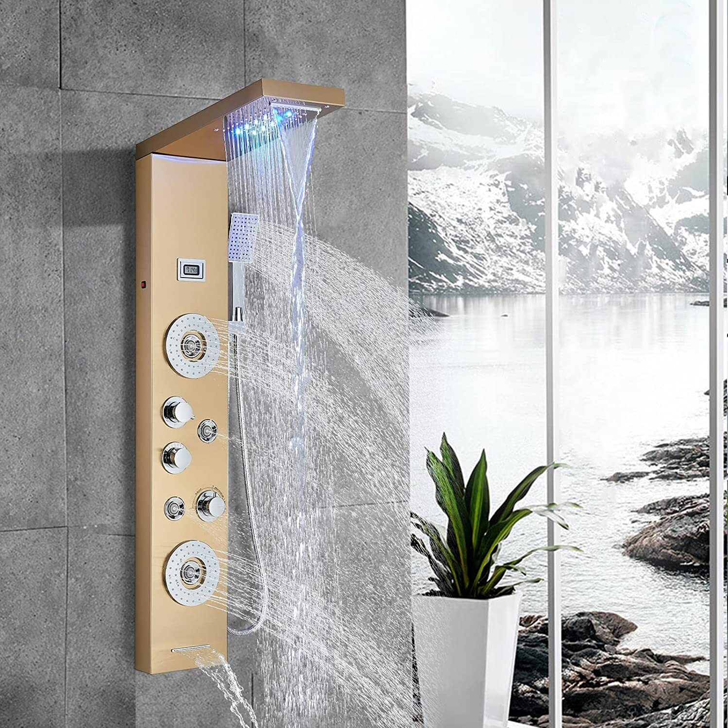 LED Brushed Gold Shower Tower Panel Faucet Stainless Steel Rain Massage