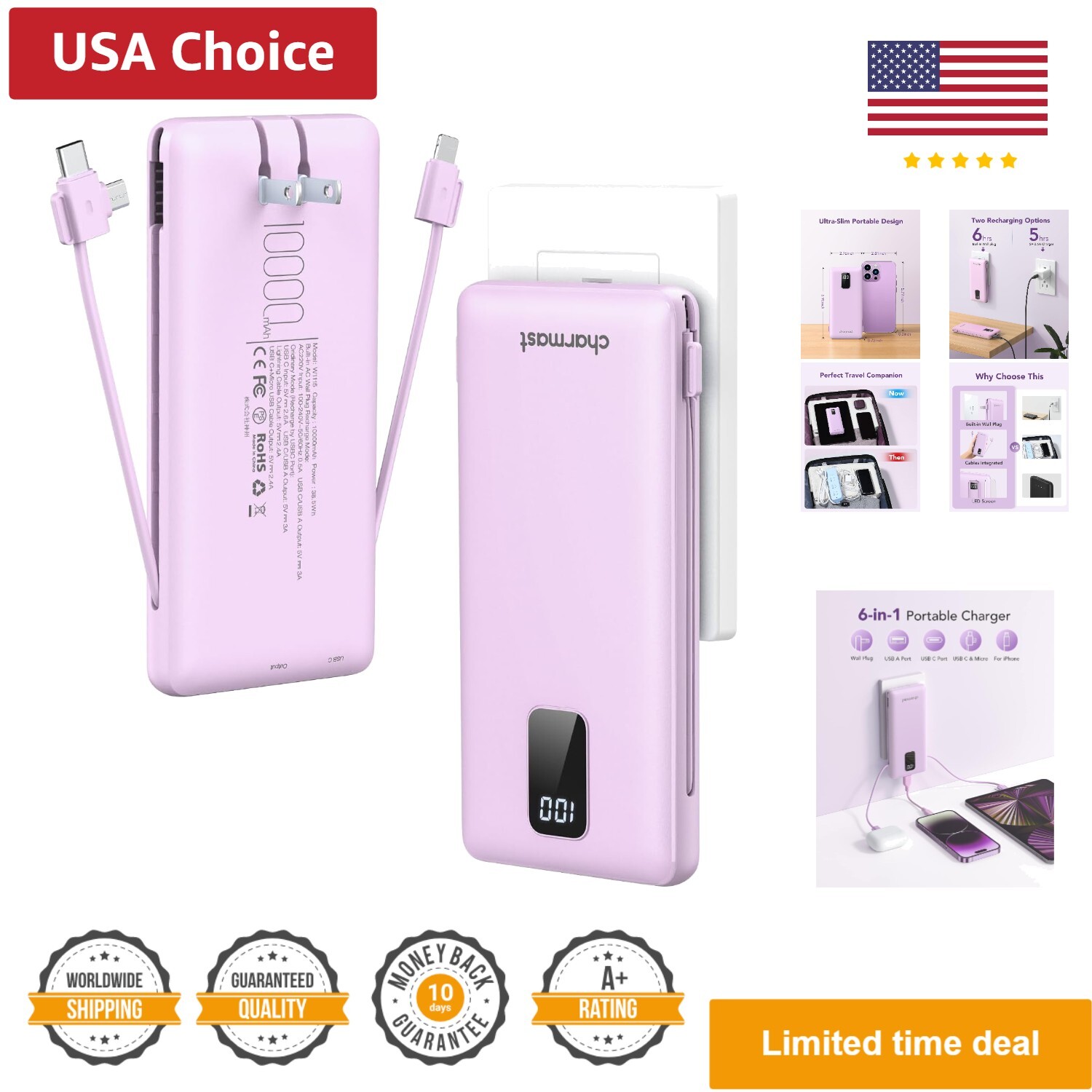 10000mAh Slim Portable Charger with Built-in Cables & AC Plug-image