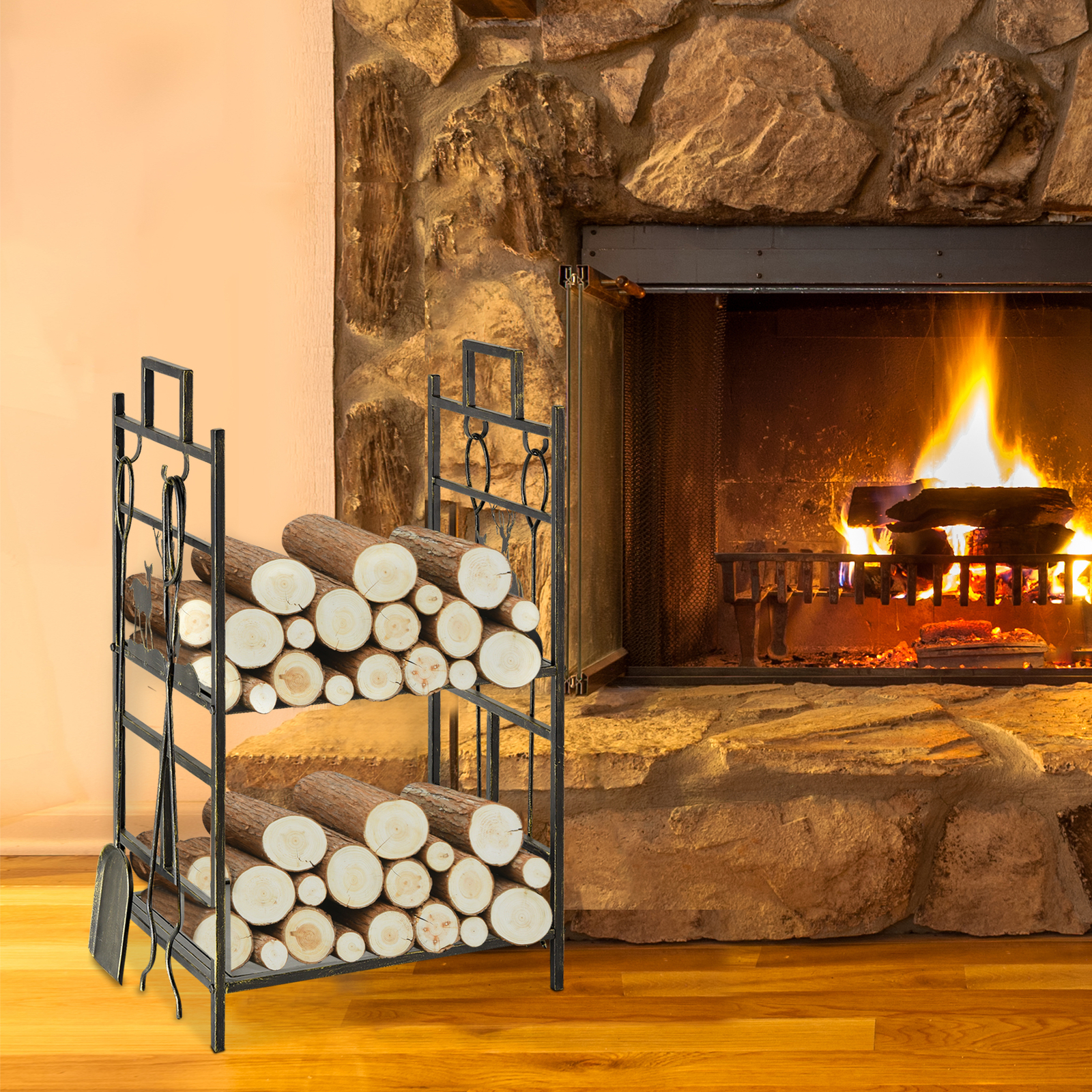 77cm Tall 2-Tier Wrought Iron Fireplace Firewood Holder Basket w/ 4 Tools |  eBay