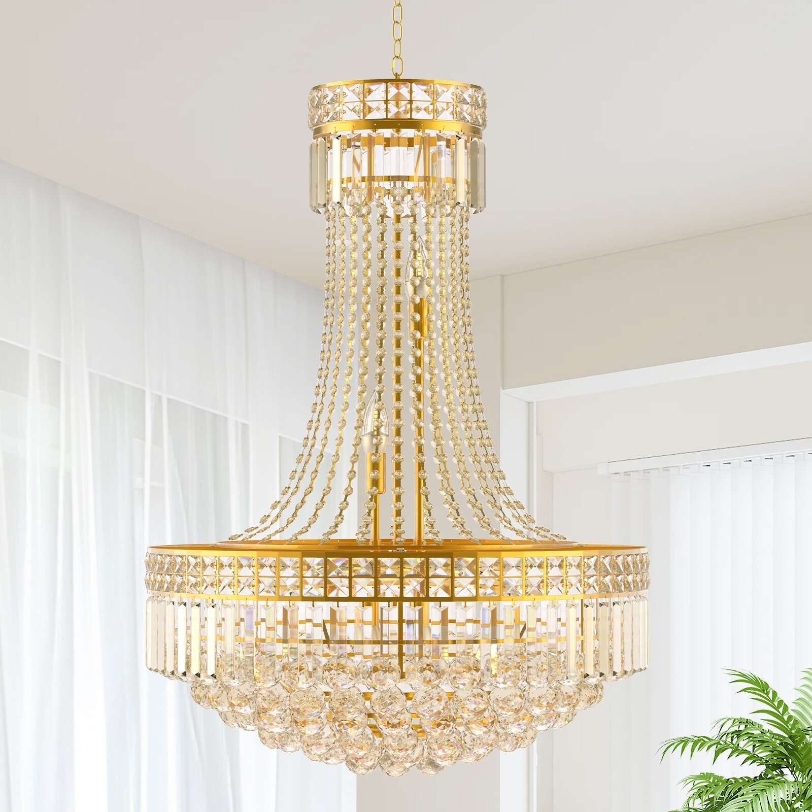24'' Luxury Gold Chandelier K9 Crystal Raindrop Empire Pendant Light Fixtures