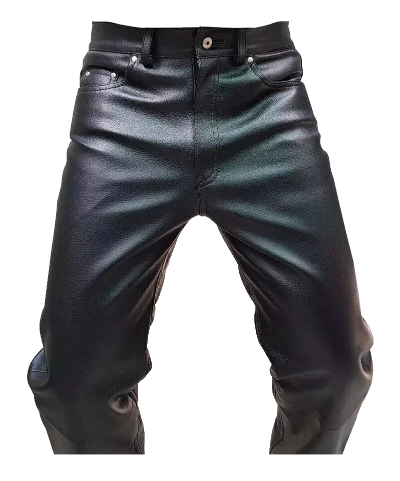 Mens Biker Jeans Real Black Or  Cow Leather Sleek And Sexy 501 Style Pants