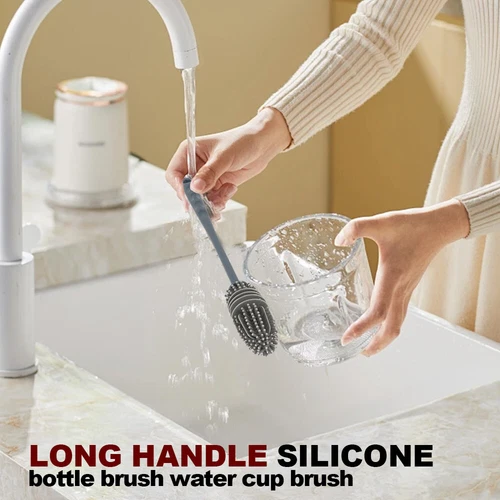 Long Handle Silicone Bottle Brush Flexible Scrubbing Cleaner Cup Washing Brush - Picture 7 of 15